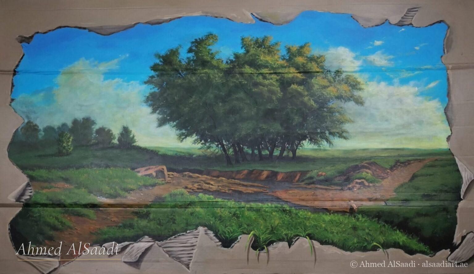 Artwork painted on recycled carton board by Ahmed AlSaadi