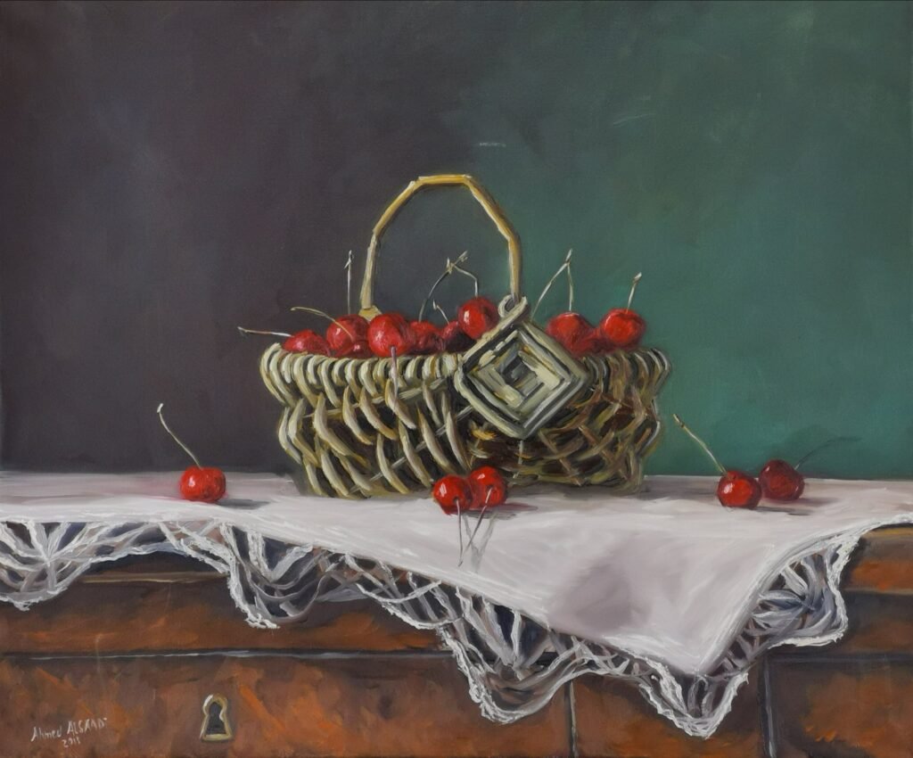 Basket of Cherries, still life painting by Ahmed AlSaadi