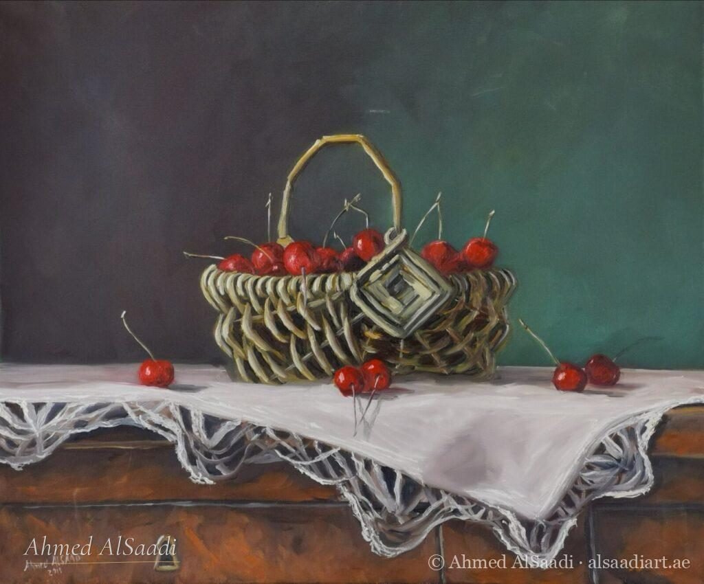 Basket of Cherries, still life painting by Ahmed AlSaadi