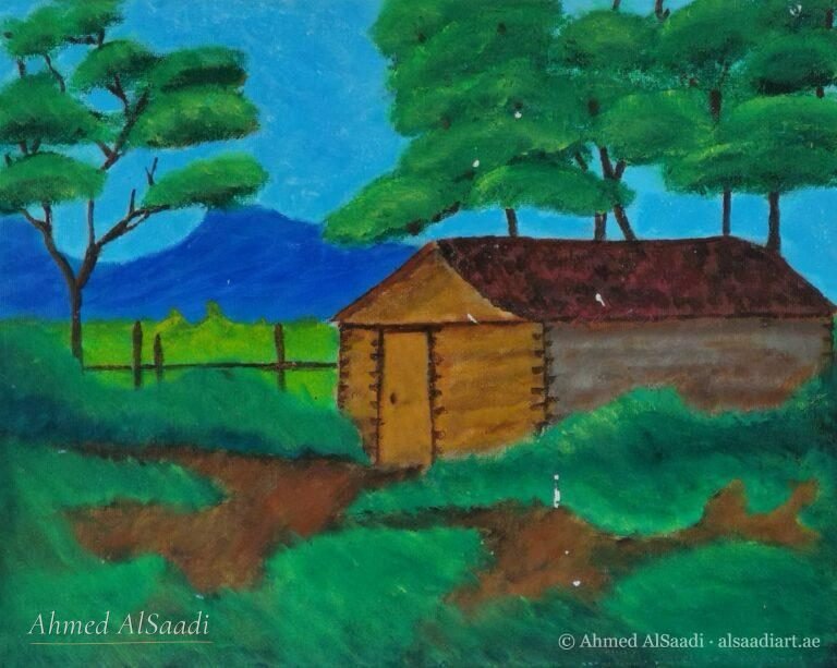 Cabin among the trees, painting by Ahmed AlSaadi