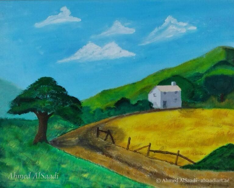 Farmhouse on the hill, painting by Ahmed AlSaadi