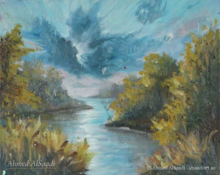 River under a stormy sky, painting by Ahmed AlSaadi