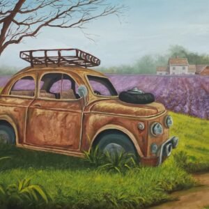 Forgotten Car in the Lavender Field, original painting by Ahmed AlSaadi